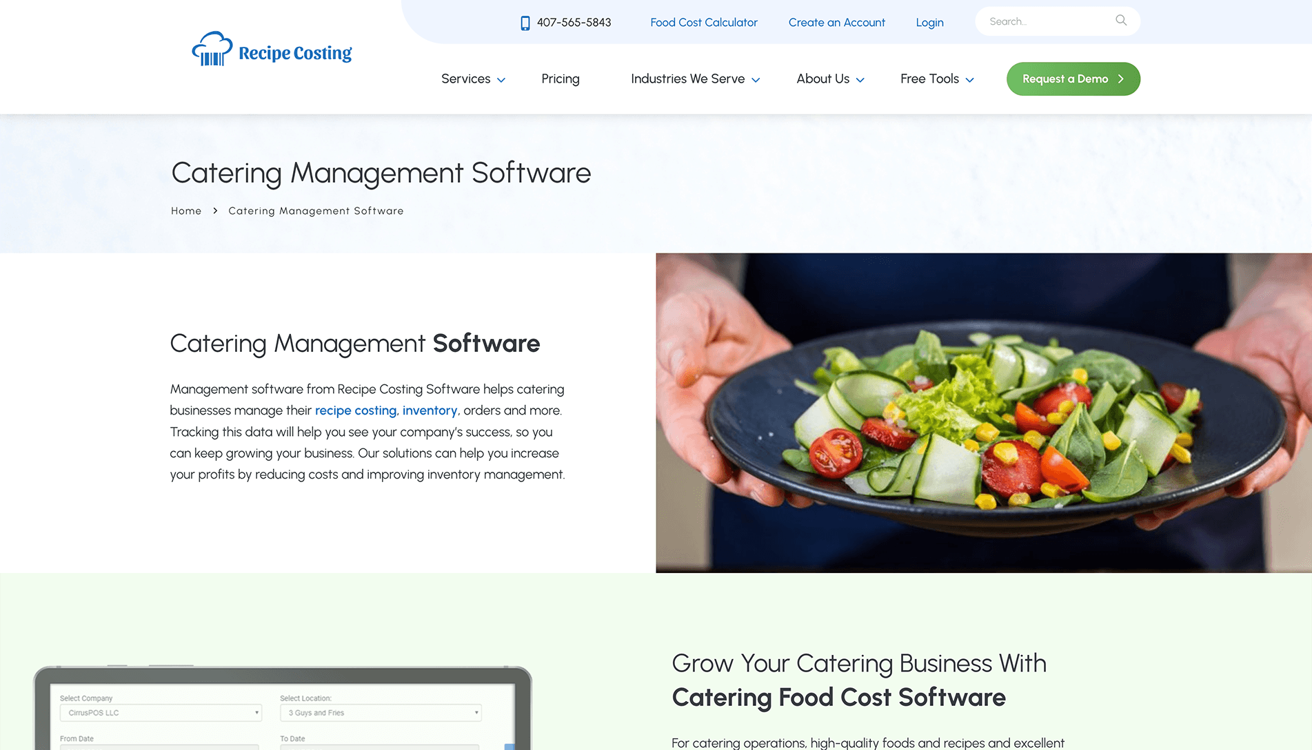 Screenshot of Recipe Costing's Catering Management Software webpage, featuring navigation options, a description of software services, and a photo of a person holding a plate with a fresh salad.