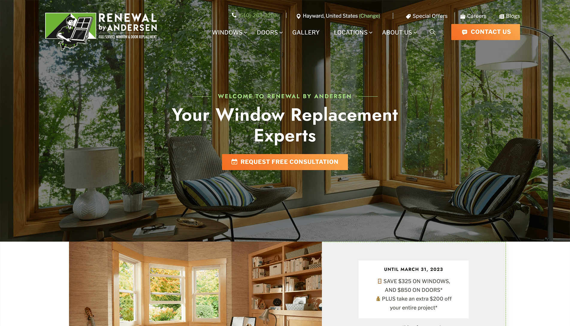 Screenshot of Renewal by Andersen website promoting window and door replacement services with an interior view of a room with large windows, modern furniture, and a call-to-action for a free consultation. Promotional offers for discounts on windows and doors are also displayed.