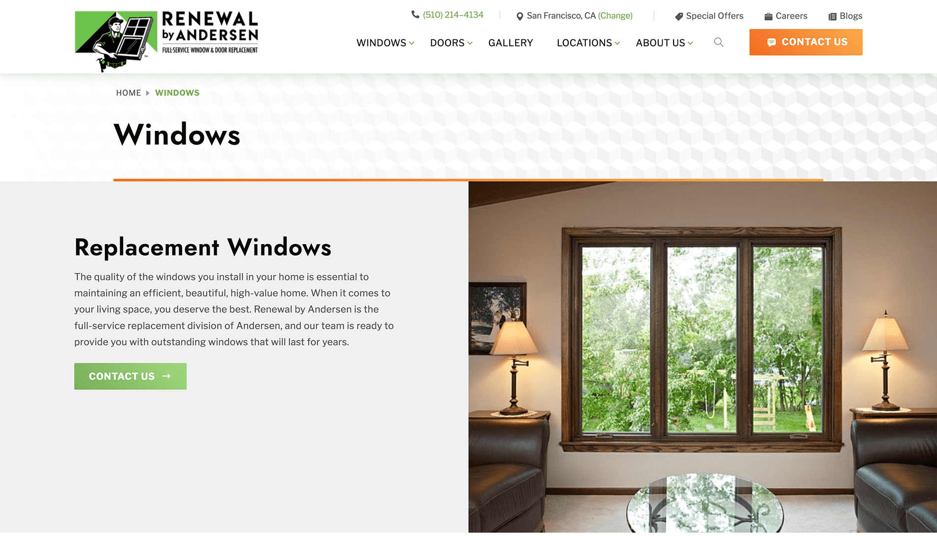 Screenshot of Renewal by Andersen webpage featuring a title 'Windows', a brief description about replacement windows, and an image of a room with a large window overlooking greenery.