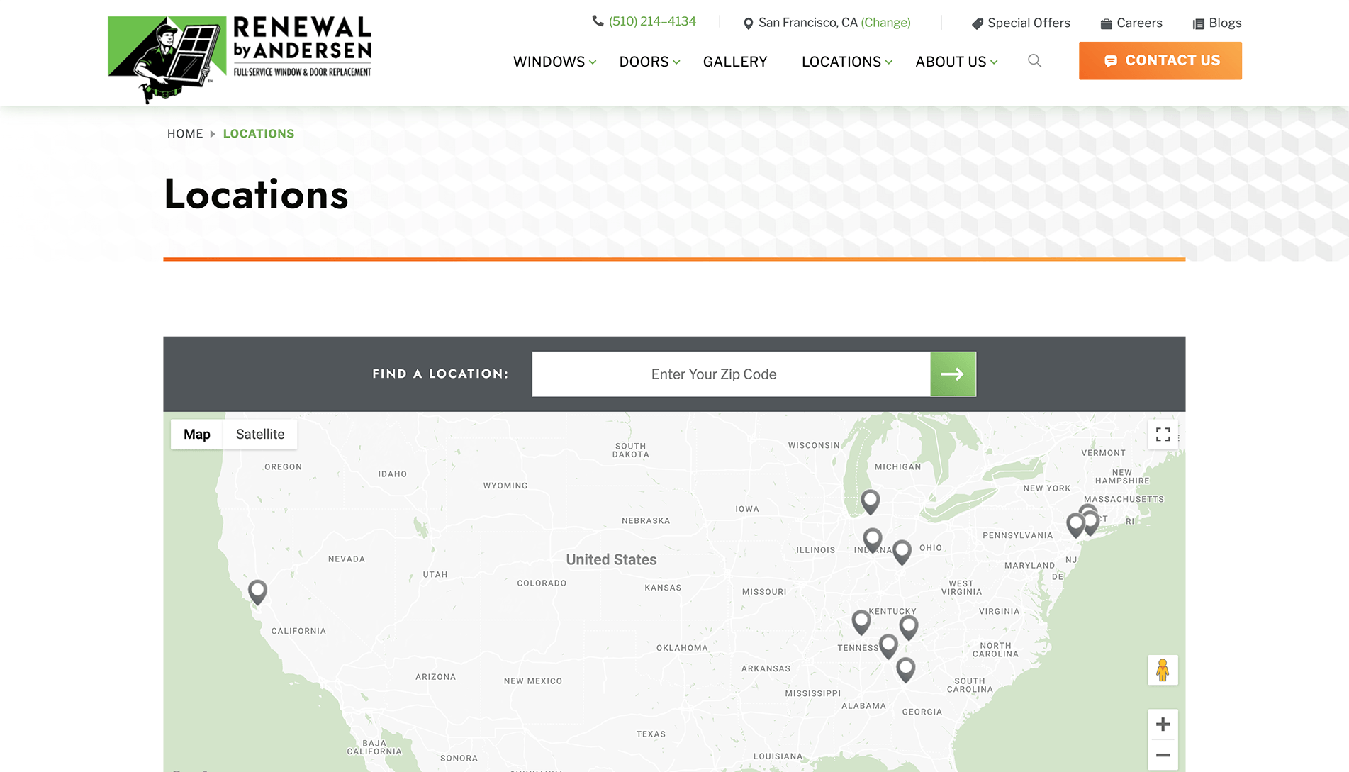 Screenshot of the 'Locations' page on the Renewal by Andersen website, featuring a map of the United States with location markers, a zip code search bar, and navigation options.