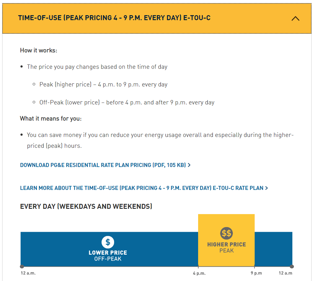 screenshot of PG&E pricing and plans page