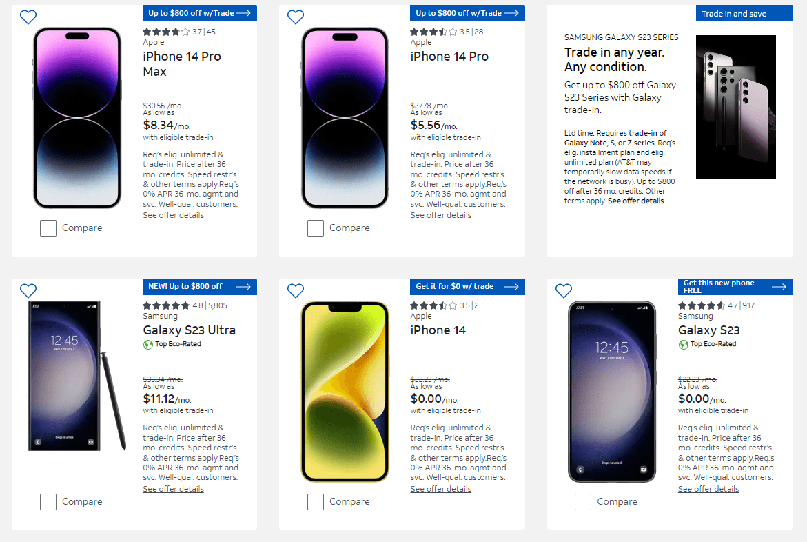 screenshot of atnt phone contract subscription page showing iphones and their prices