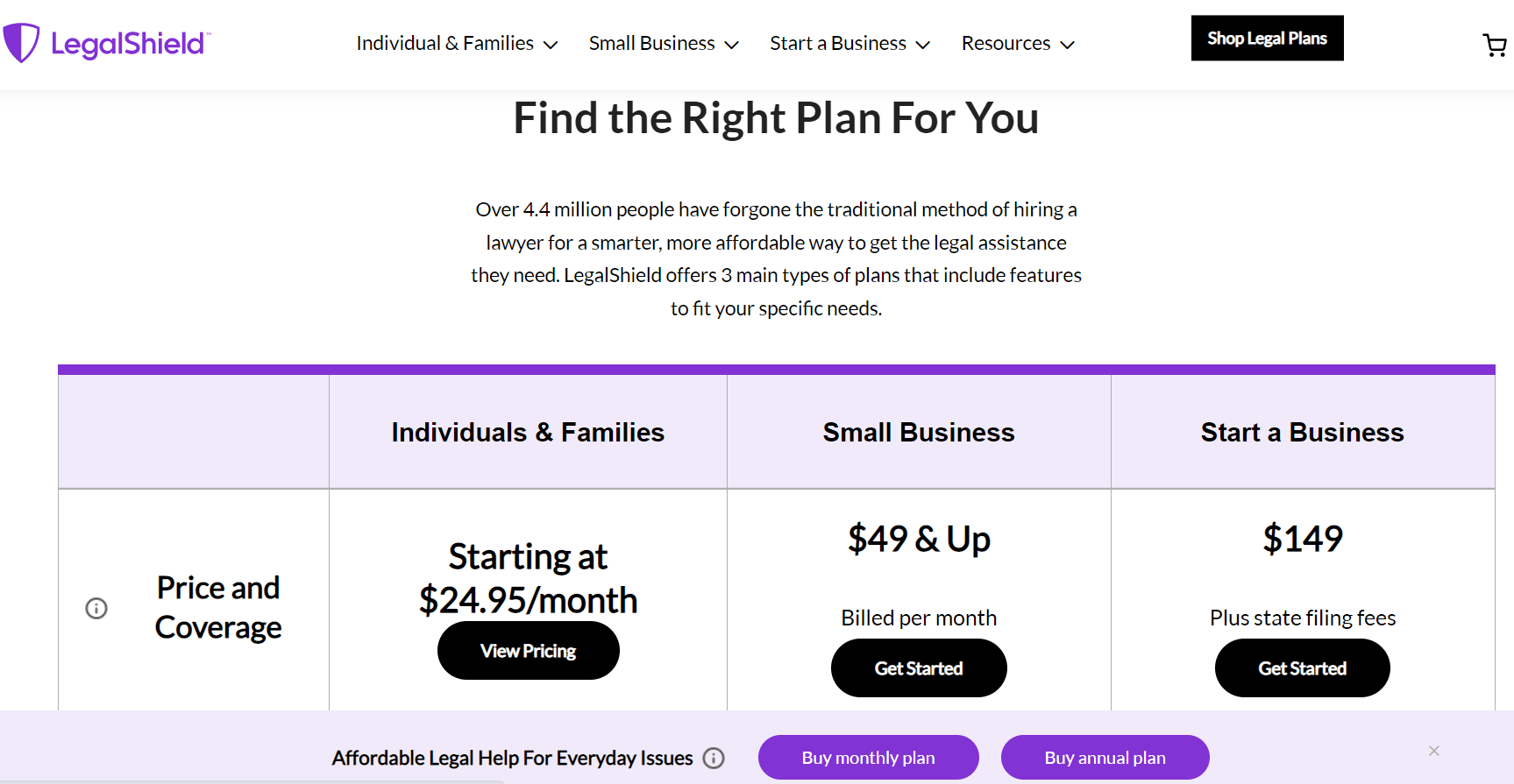 screenshot of legalshield pricing plan page