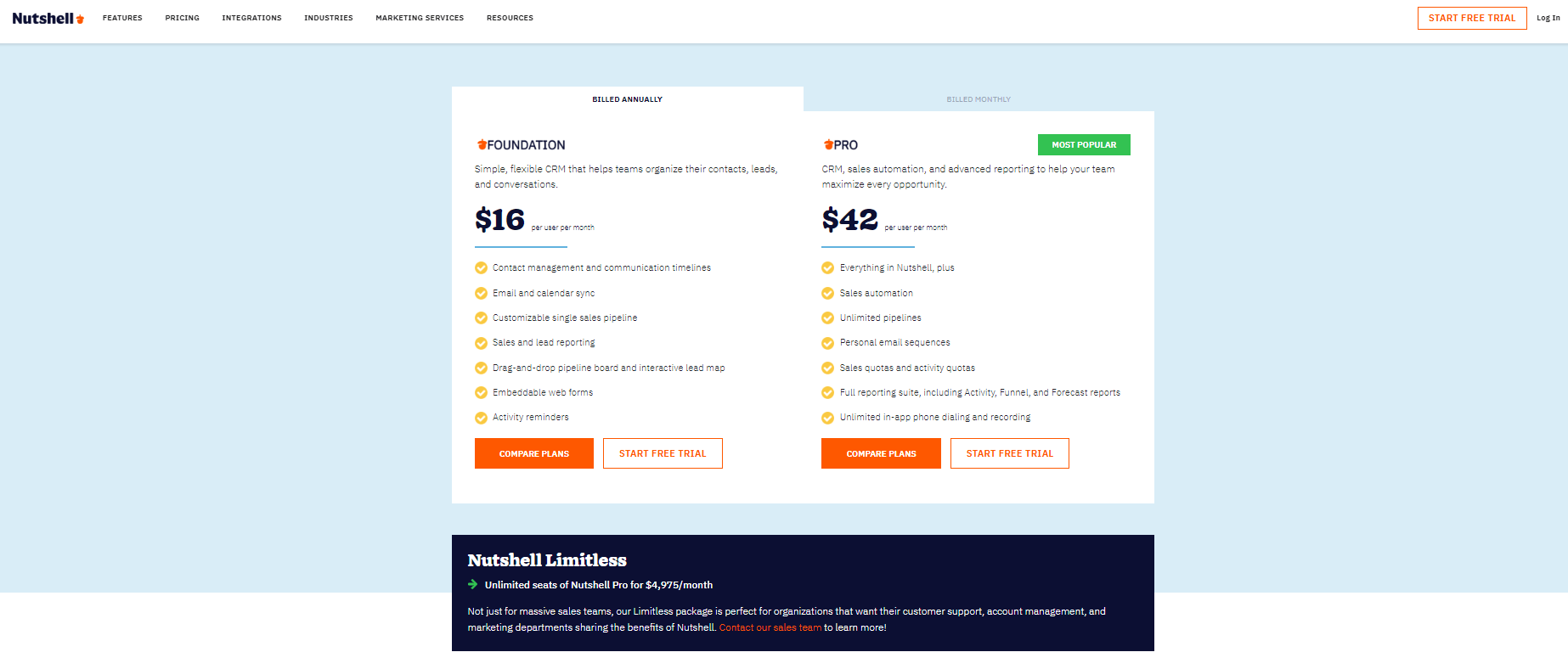 screenshot of nutshell pricing page showing subscription plans