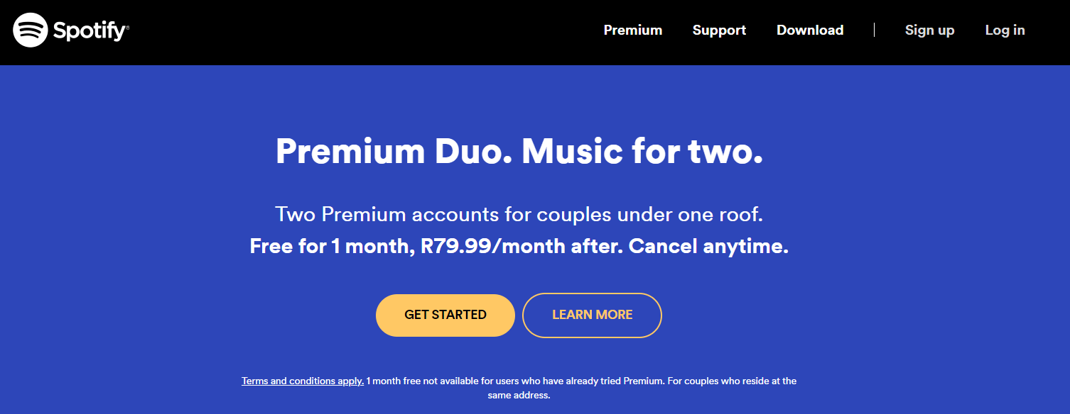 screenshot of spotify duo pricing plan page