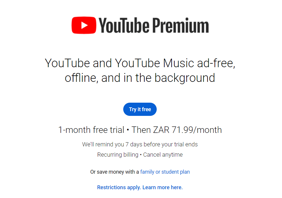 screenshot of the youtube premium home page