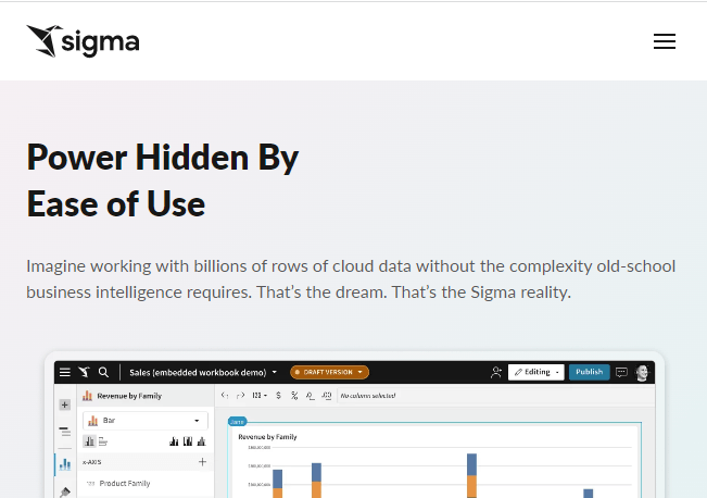 Homepage for sigma data analytics platform