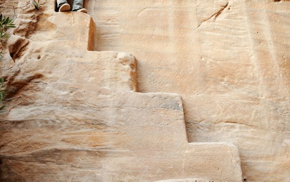 Weathered sandstone steps carved into a rock face with natural color variations and a small green plant in the upper left corner.