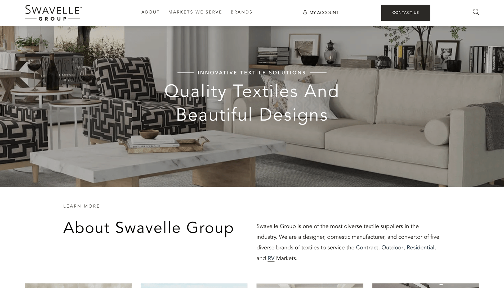 Modern living room display with a sofa, patterned armchairs, and a marble coffee table, showcasing Swavelle Group's textiles, with a website navigation menu and descriptive text about the company's offerings.