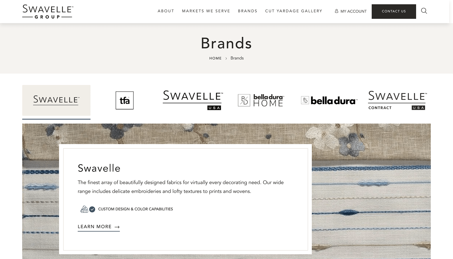 Webpage section from Swavelle Group showcasing their brands with logos for Swavelle, TFA, Bella-Dura Home, and Swavelle Contract. Below is a highlighted description of Swavelle brand offerings alongside images of fabric samples with different textures and patterns.