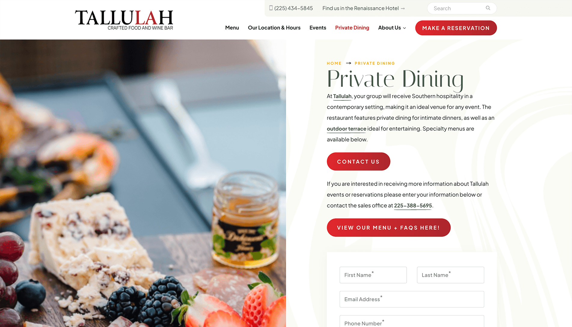 Screenshot of Tallulah Crafted Food and Wine Bar's website featuring a private dining page with a blurred photo of a charcuterie board, contact information, and a form to request more information.