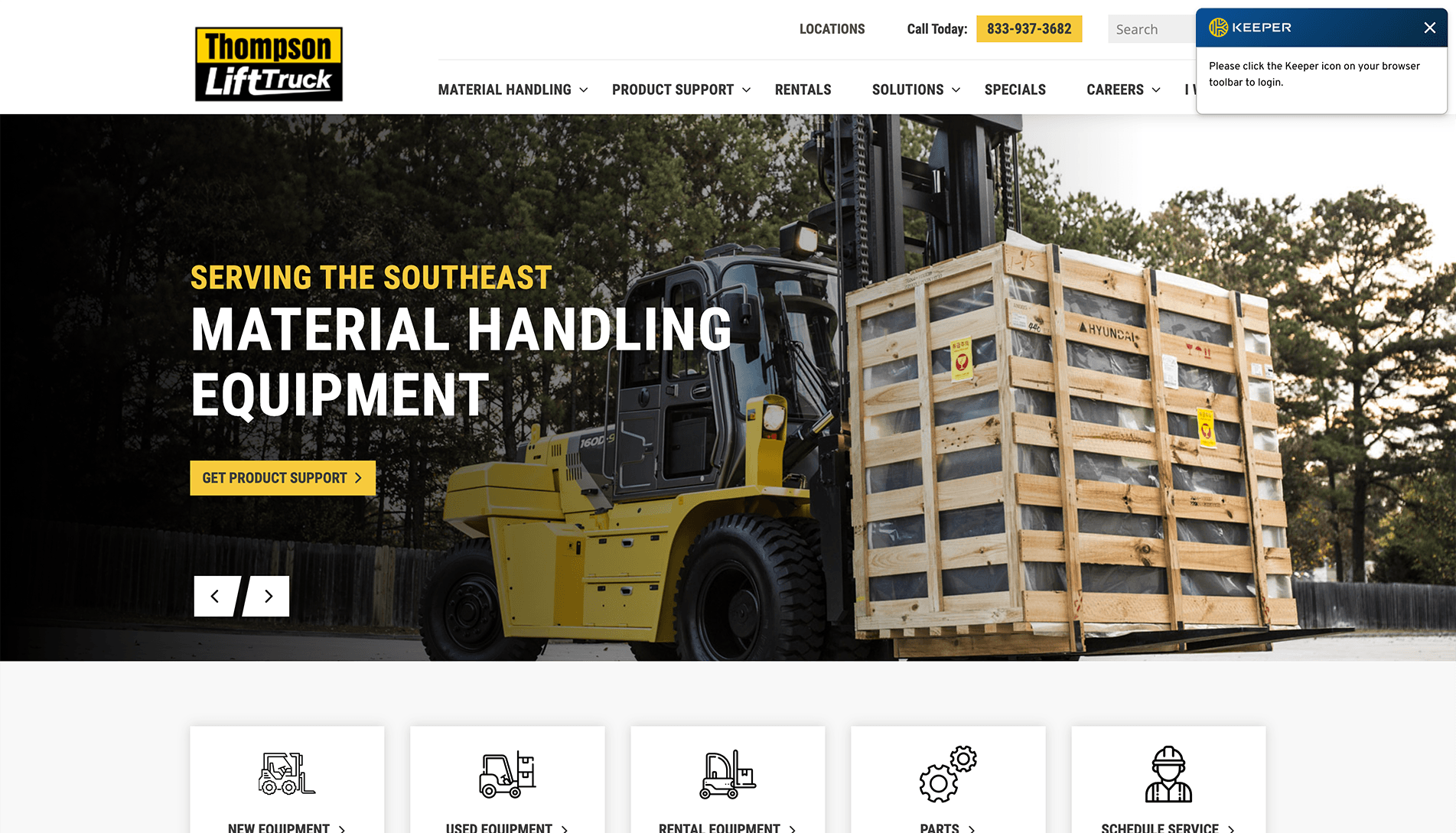 Yellow forklift lifting stacked wooden pallets wrapped in black plastic with yellow warning labels, with trees and a fence in the background. The Thompson Lift Truck website header with menu options and a main text overlay promoting material handling equipment in the Southeast.