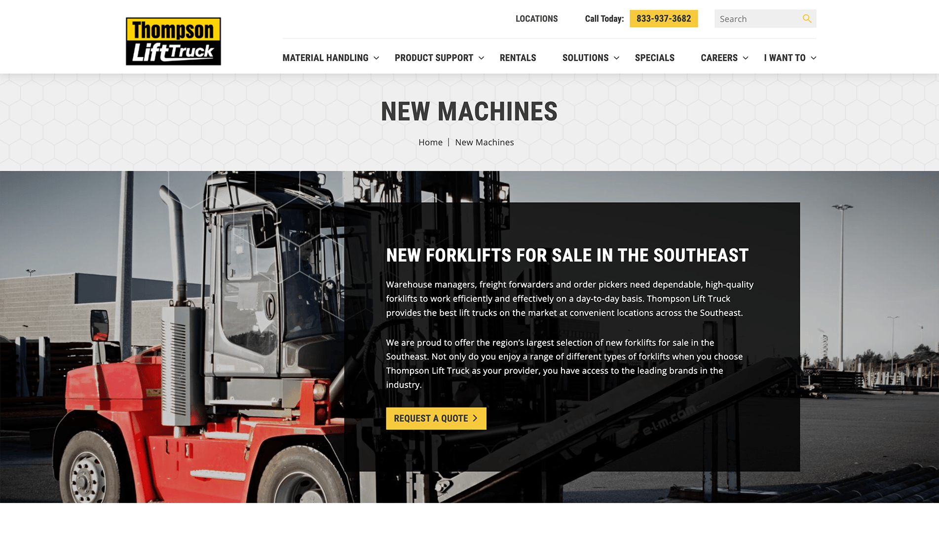 Part of a red forklift on the left with an industrial building in the background, on a webpage advertising new forklifts for sale by Thompson Lift Truck with a 'Request a Quote' button.