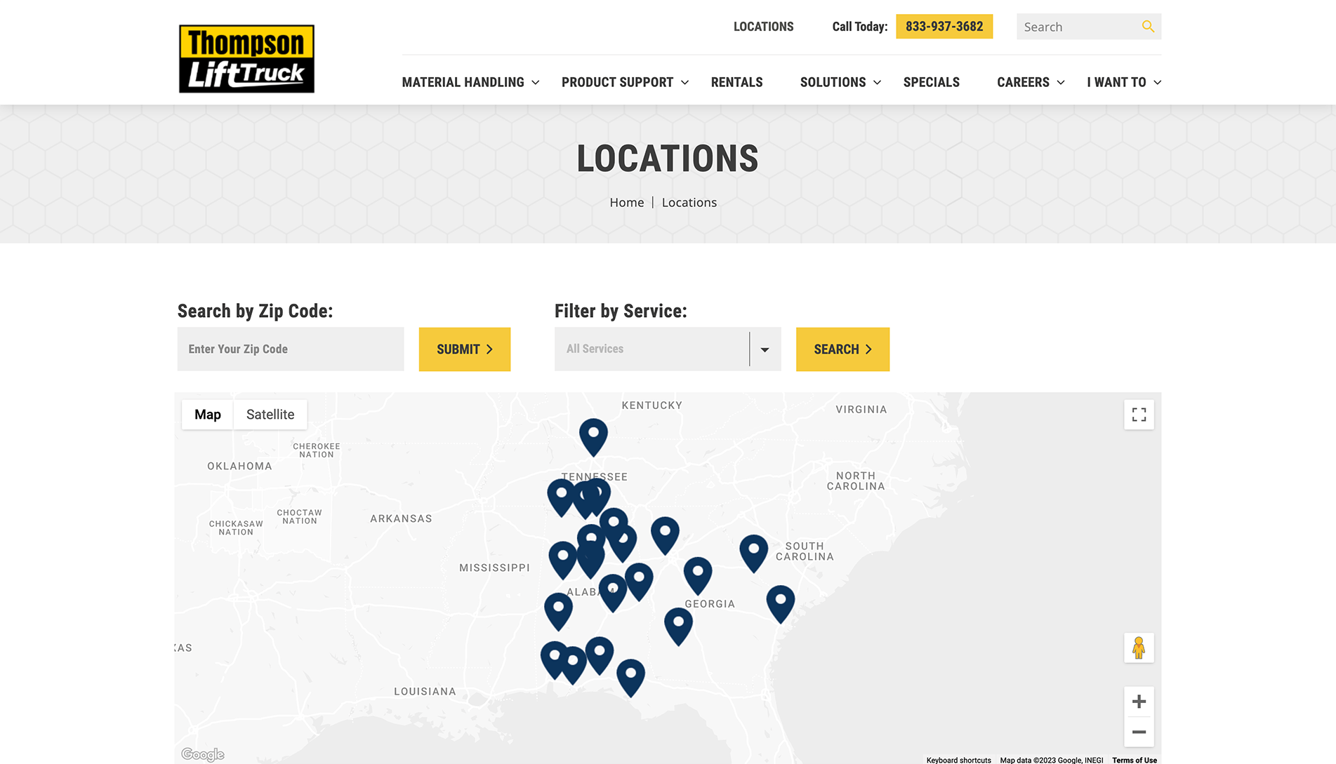 Screenshot of Thompson Lift Truck company's locations webpage with an interactive map showing multiple location markers in southeastern U.S. states, search functions by zip code and service, and a navigation bar with various options.