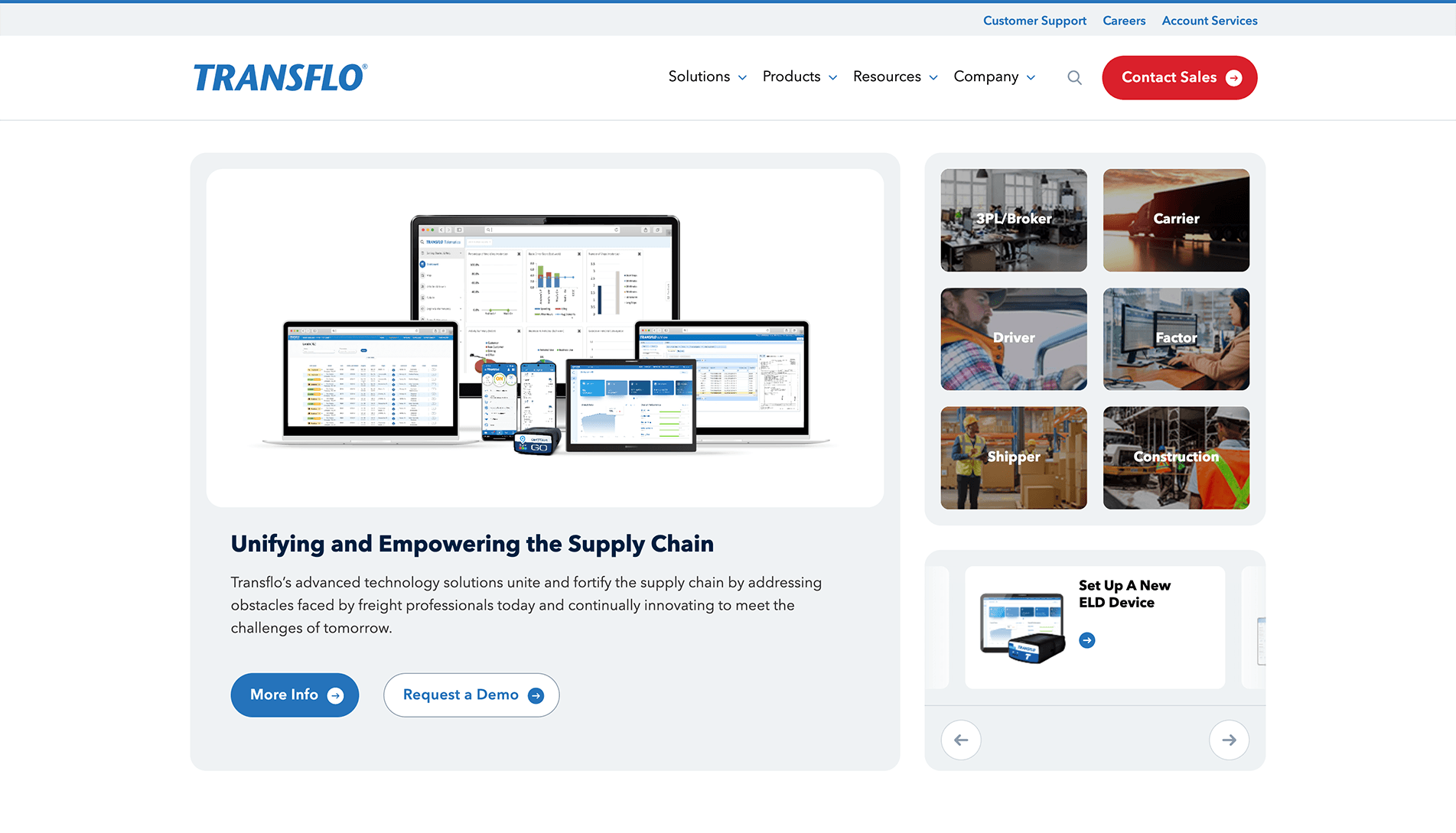 Screenshot of the Transflo website homepage featuring the company logo, navigation bar, a central headline about empowering the supply chain, multiple devices displaying management software, industry sector images, and a carousel for setting up a new ELD device.