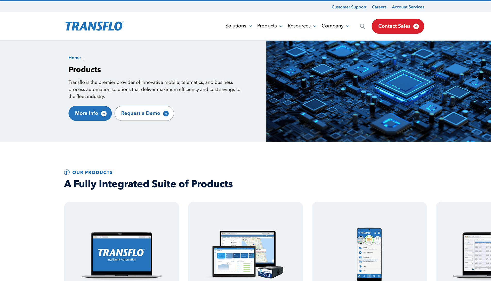 Webpage header for TRANSFLO featuring a navigation menu, a description of their product offerings in mobile and telematics solutions, and images of electronic devices displaying the company's software products.