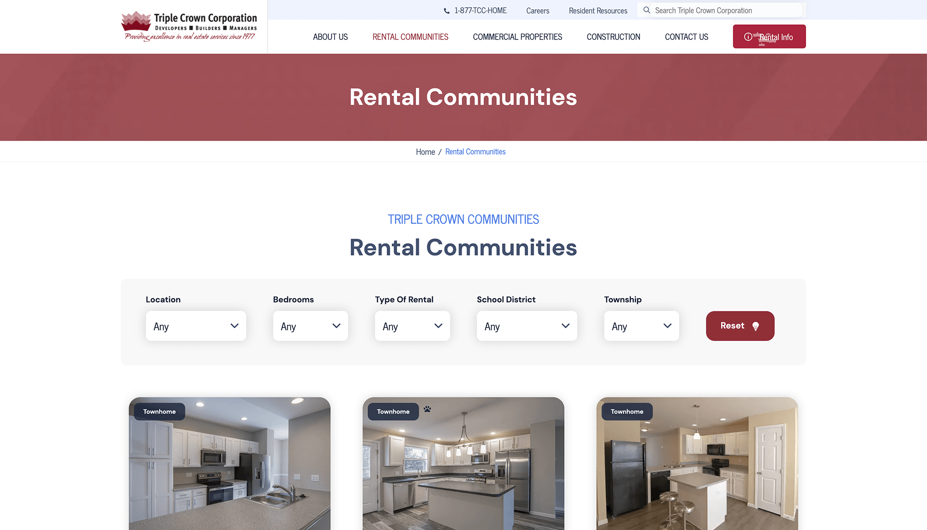 Webpage from Triple Crown Corporation featuring a header with logo and navigation, a 'Rental Communities' title, a property search form with dropdown filters, and images of townhome interiors.