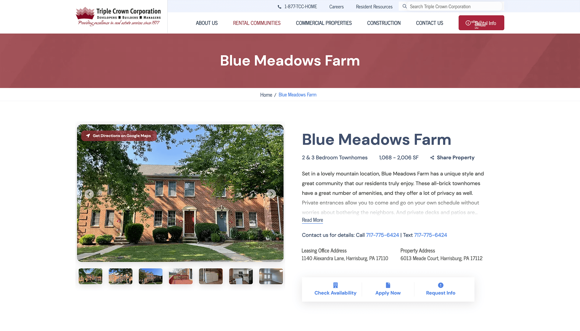 Screenshot of the Blue Meadows Farm housing community webpage by Triple Crown Corporation, featuring a banner with property name, description of 2 & 3 bedroom townhomes, a main image of a brick townhouse, smaller property images, and contact information with action buttons.