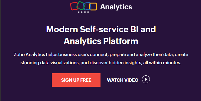 Homepage for zoho analytics platform