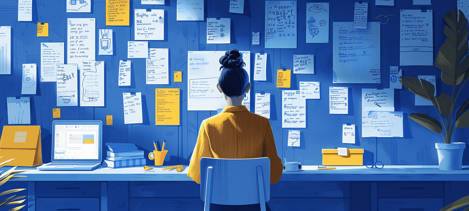 a woman sitting at a desk with her back to the viewer, looking at various notes and lists pinned on the wall in front of her about how content marketing works