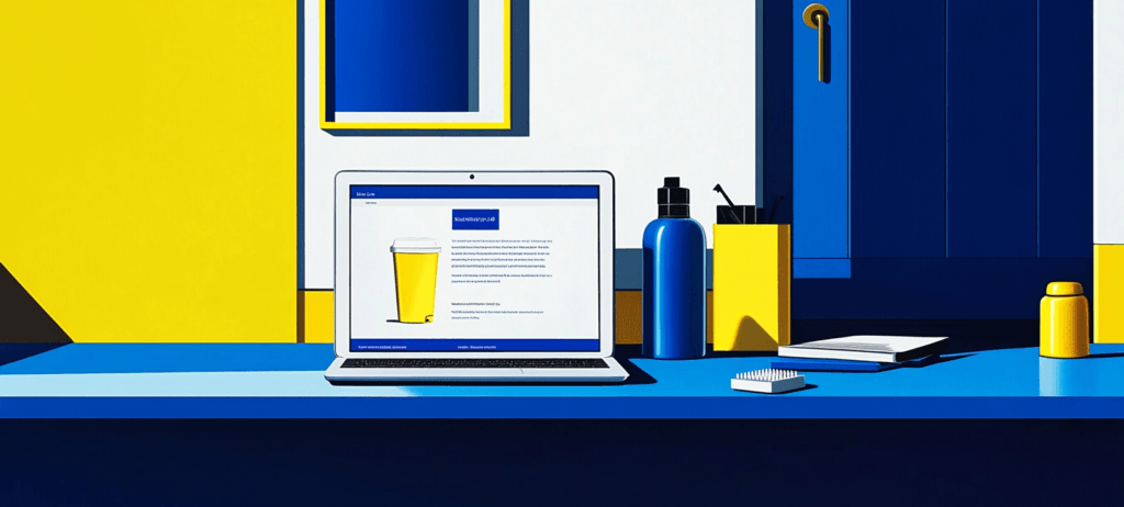 a painting of a work station with a laptop, water and a notepad