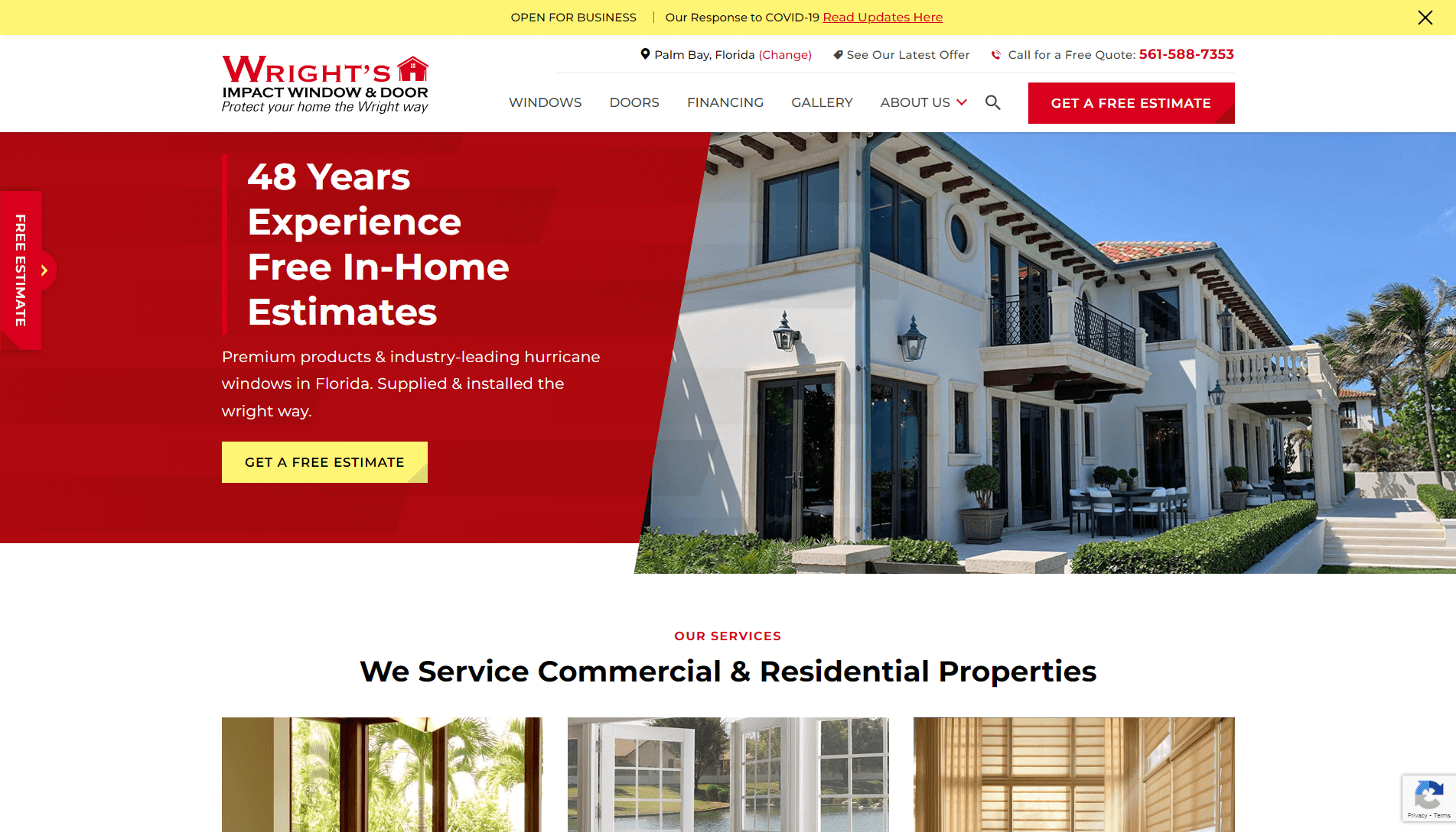 Screenshot of Wright's Impact Window & Door website with a banner offering 48 years of experience and free in-home estimates, a call-to-action button for a free estimate, and a section highlighting services for commercial and residential properties.