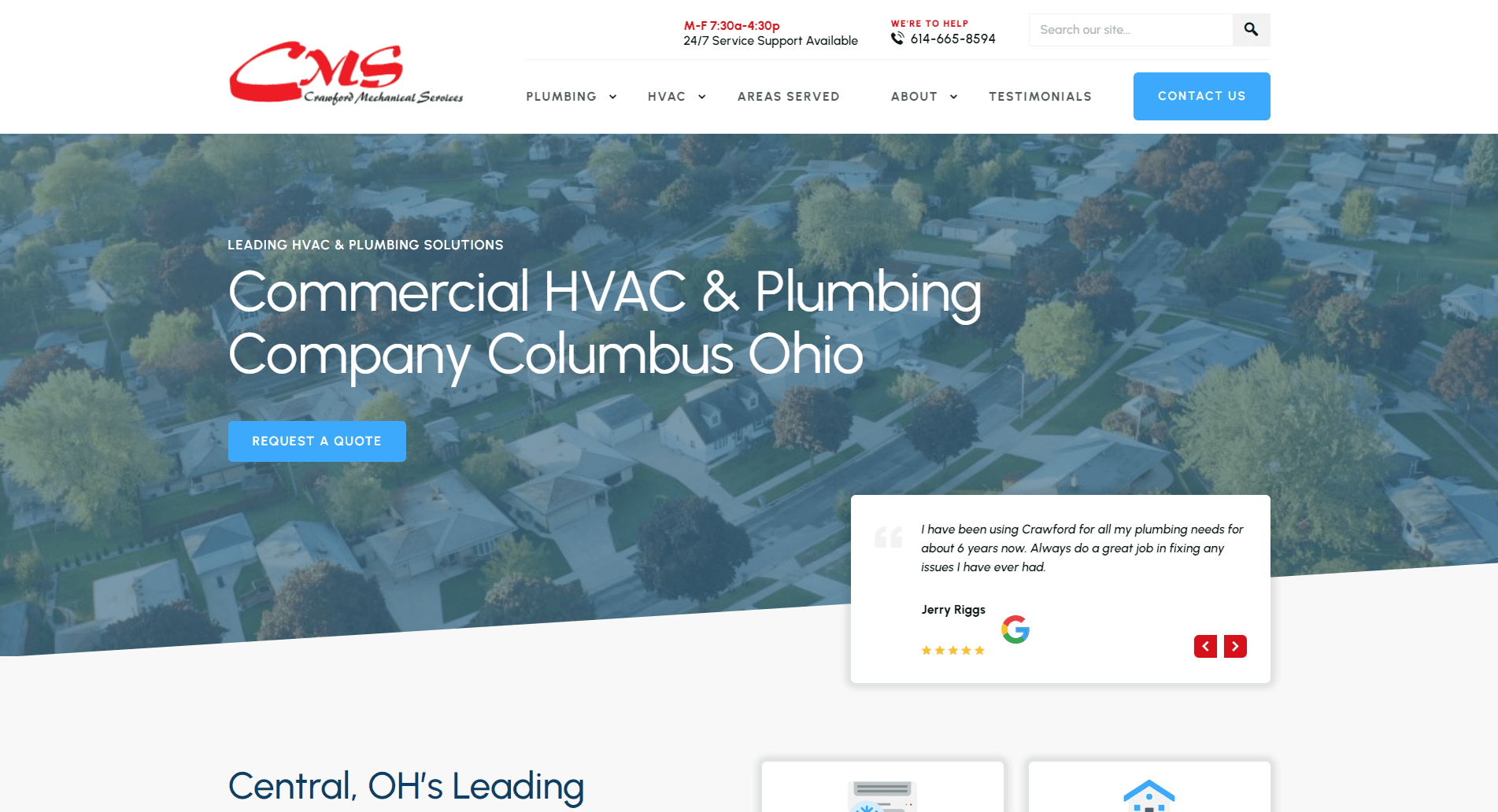 Screenshot of Crawford Mechanical Services website featuring commercial HVAC and plumbing services in Columbus Ohio, with a navigation bar, aerial view of a residential area, 'Request a Quote' button, and a customer testimonial with a 5-star rating.