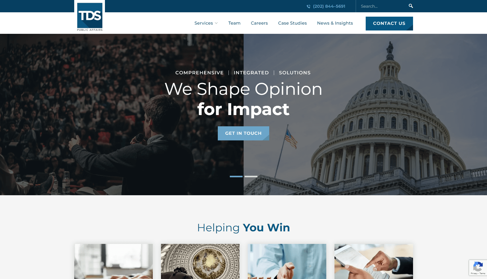 Homepage of TDS Public Affairs featuring a man addressing an audience on the left and the US Capitol building on the right, with the tagline 'We Shape Opinion for Impact' and a 'Get in Touch' call-to-action button.