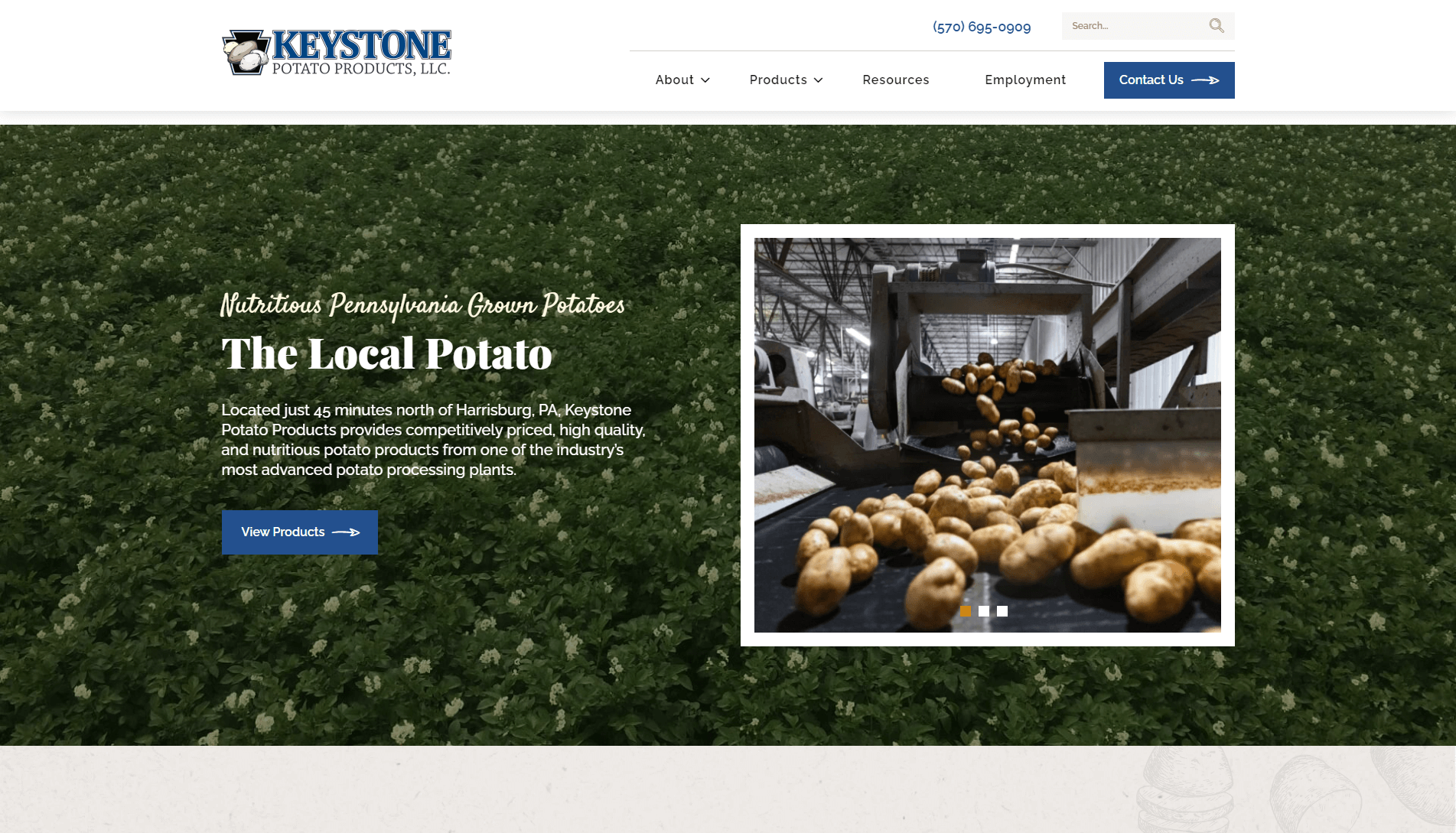 Screenshot of Keystone Potato Products website with navigation bar, contact information, and a section highlighting 'Nutritious Pennsylvania Grown Potatoes' alongside an image of potatoes on a conveyor belt in a processing facility.