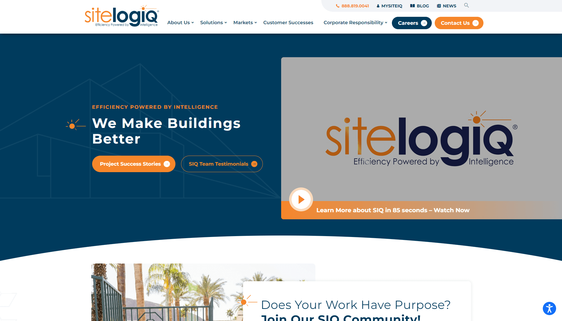 Screenshot of sitelogiQ's website homepage with a banner stating 'We Make Buildings Better' and navigation options for company information, solutions, and contact details.