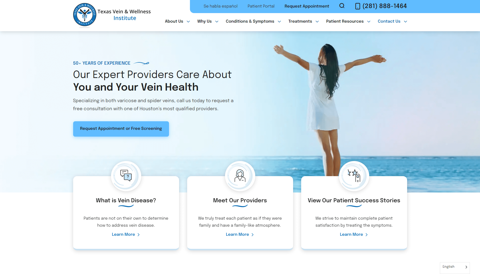 Webpage of Texas Vein & Wellness Institute with navigation options, a headline about vein health care, a call-to-action button, and a background image of a woman with outstretched arms facing the ocean.