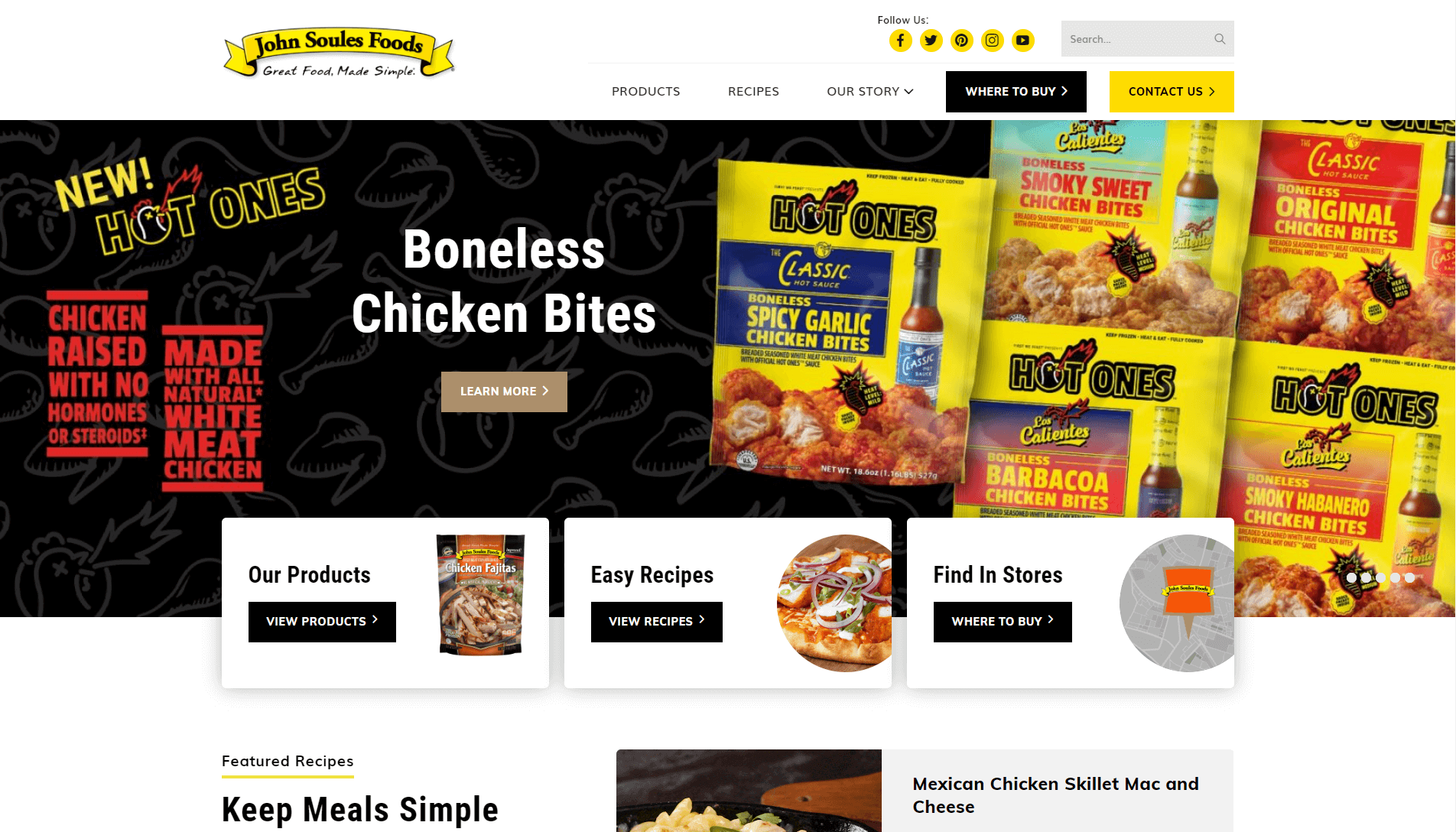 Screenshot of John Soules Foods website featuring new Boneless Chicken Bites in various flavors, with sections for products, recipes, and store locator.