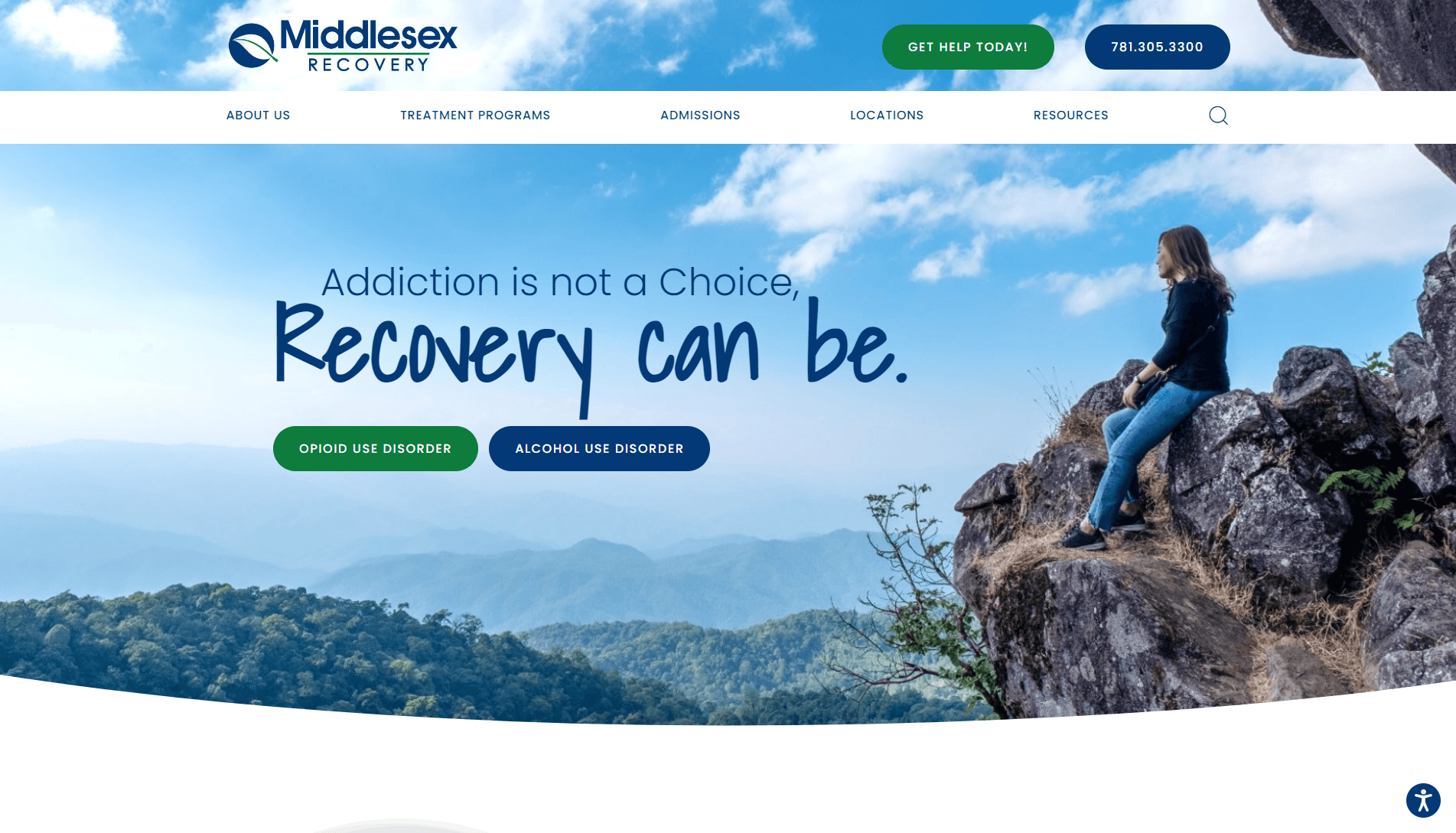 A person sitting on a rock overlooking a mountainous landscape with text 'Addiction is not a Choice, Recovery can be.' and Middlesex Recovery logo, navigation bar, and contact information.