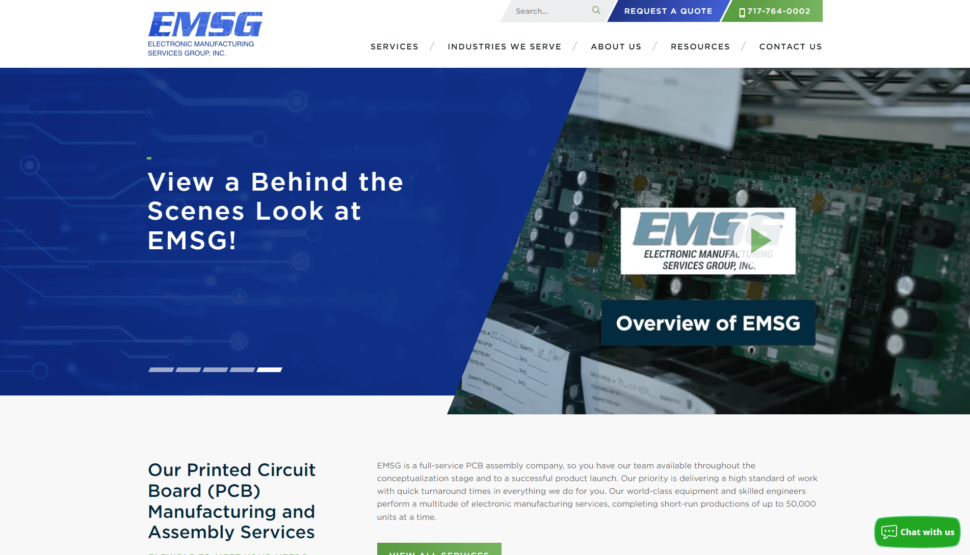 Screenshot of the EMSG company's webpage featuring a navigation bar, a banner inviting users to view behind-the-scenes content, and an overview section describing their PCB manufacturing and assembly services with a background image of a printed circuit board.