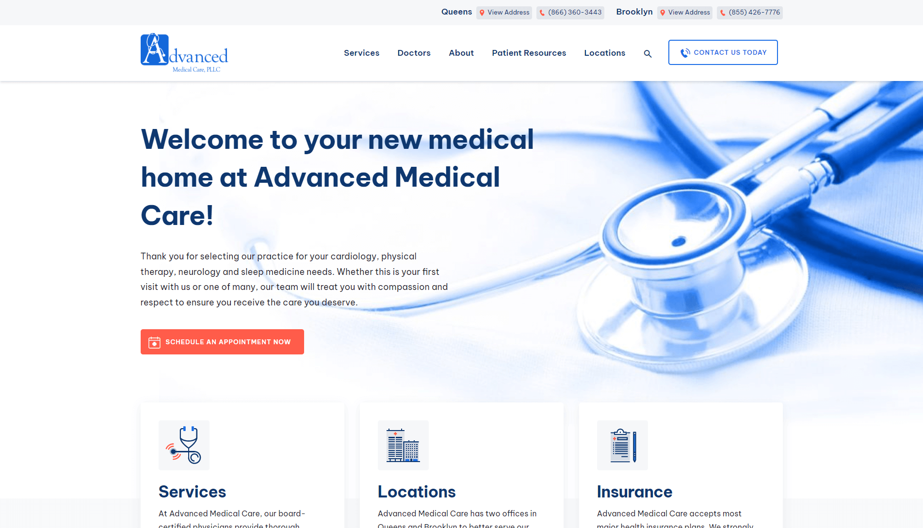 Screenshot of Advanced Medical Care's website homepage with navigation menu, welcome message, appointment button, and quick links to services, locations, and insurance information, with a stethoscope in the background.