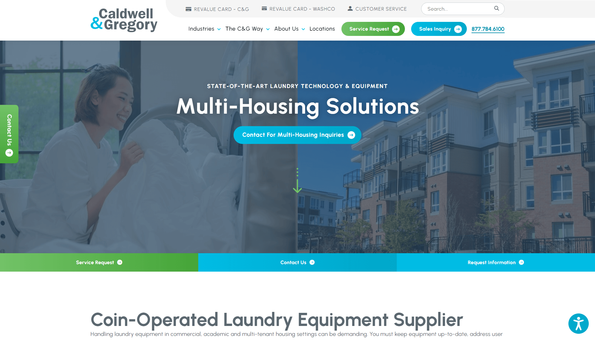 A woman smiling while doing laundry on the left and an image of an apartment complex on the right with text 'Multi-Housing Solutions' and Caldwell & Gregory logo, menu options, and contact information.