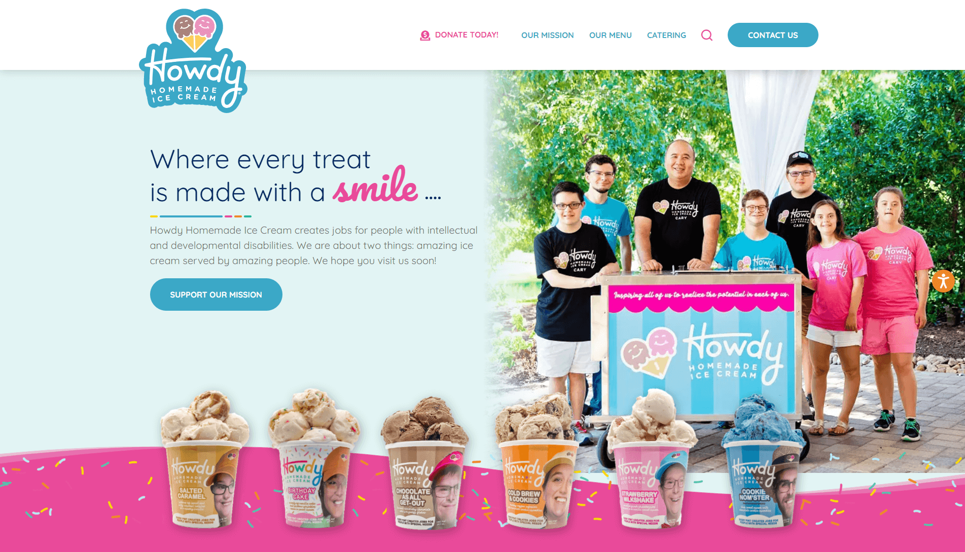 A group of cheerful employees behind a Howdy Homemade Ice Cream cart, with branded ice cream cups in the foreground, on a webpage promoting their mission to employ individuals with disabilities.