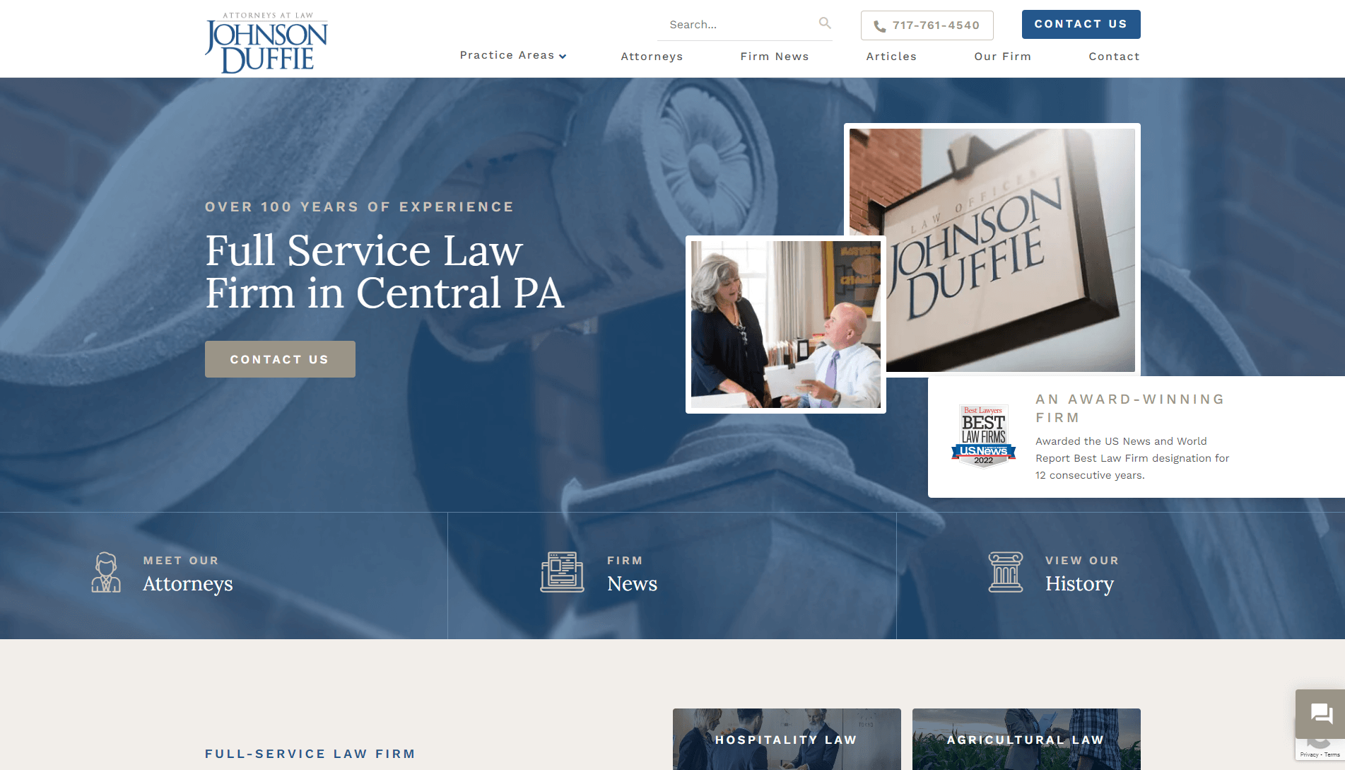 Screenshot of Johnson Duffie law firm's website homepage featuring navigation options, a banner highlighting over 100 years of experience, and sections for attorney profiles, firm news, and history. The firm is noted as an award-winning firm by US News and World Report Best Law Firms 2022.