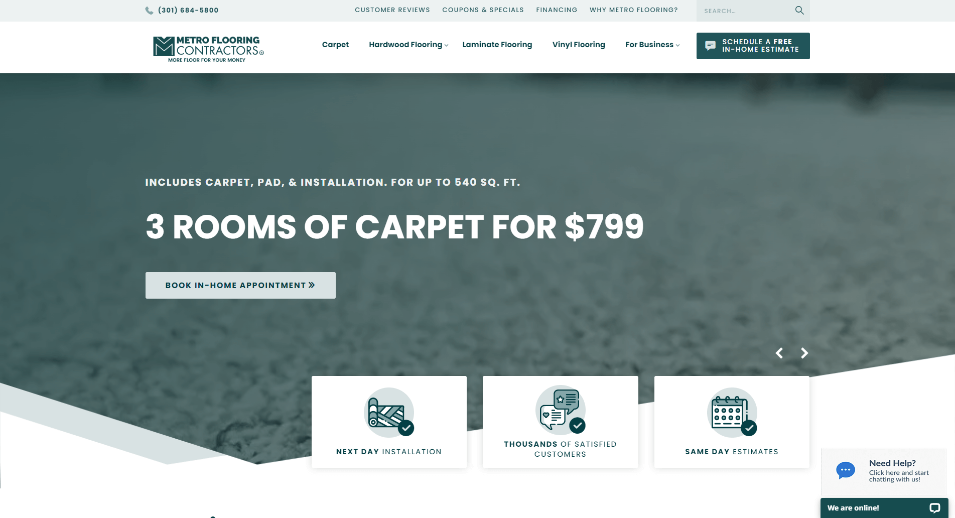 METRO FLOORING CONTRACTORS website header with a promotional offer for 3 rooms of carpet including installation for $799, icons for next day installation, customer satisfaction, and same day estimates, and an online chat support prompt.