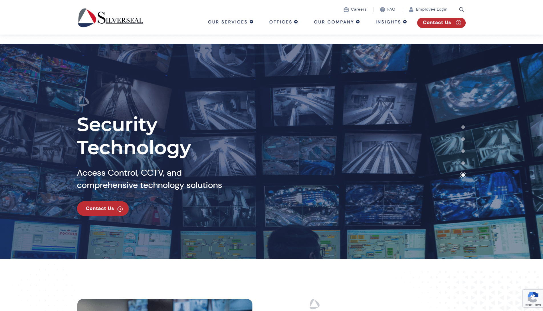 A company website for a security technology provider featuring a collage of surveillance camera feeds and security interfaces, with a heading 'Security Technology' and subheading about access control and CCTV solutions.