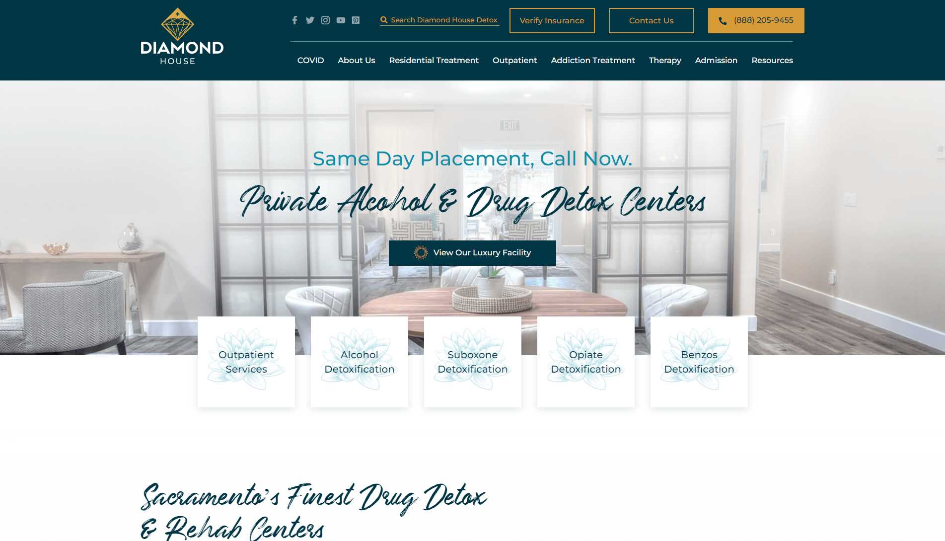 Screenshot of Diamond House Detox website featuring navigation menu, service options for detoxification, and a call-to-action for same day placement at their private detox centers.