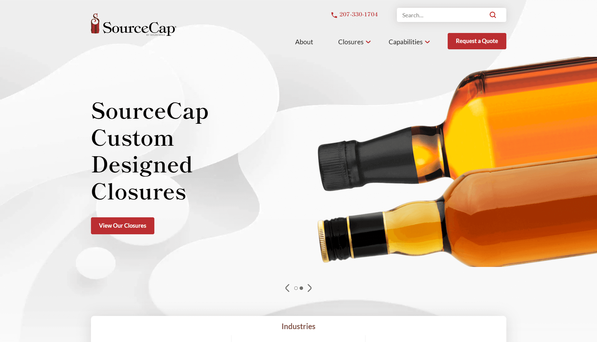 Website header for SourceCap featuring two angled brown bottles with black caps, company logo, navigation menu, and a central text stating 'SourceCap Custom Designed Closures' with a 'View Our Closures' button.