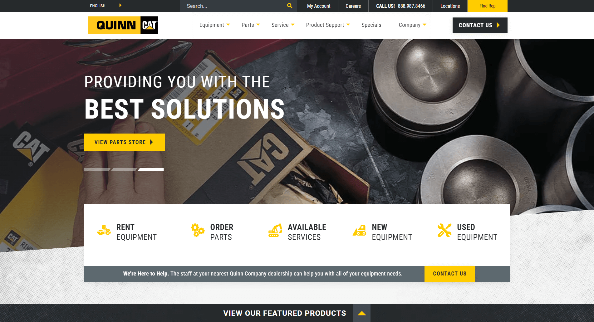 Homepage of Quinn CAT featuring options to rent, order parts, and view services for new and used Caterpillar equipment, with a banner stating 'PROVIDING YOU WITH THE BEST SOLUTIONS' and images of machinery parts in the background.