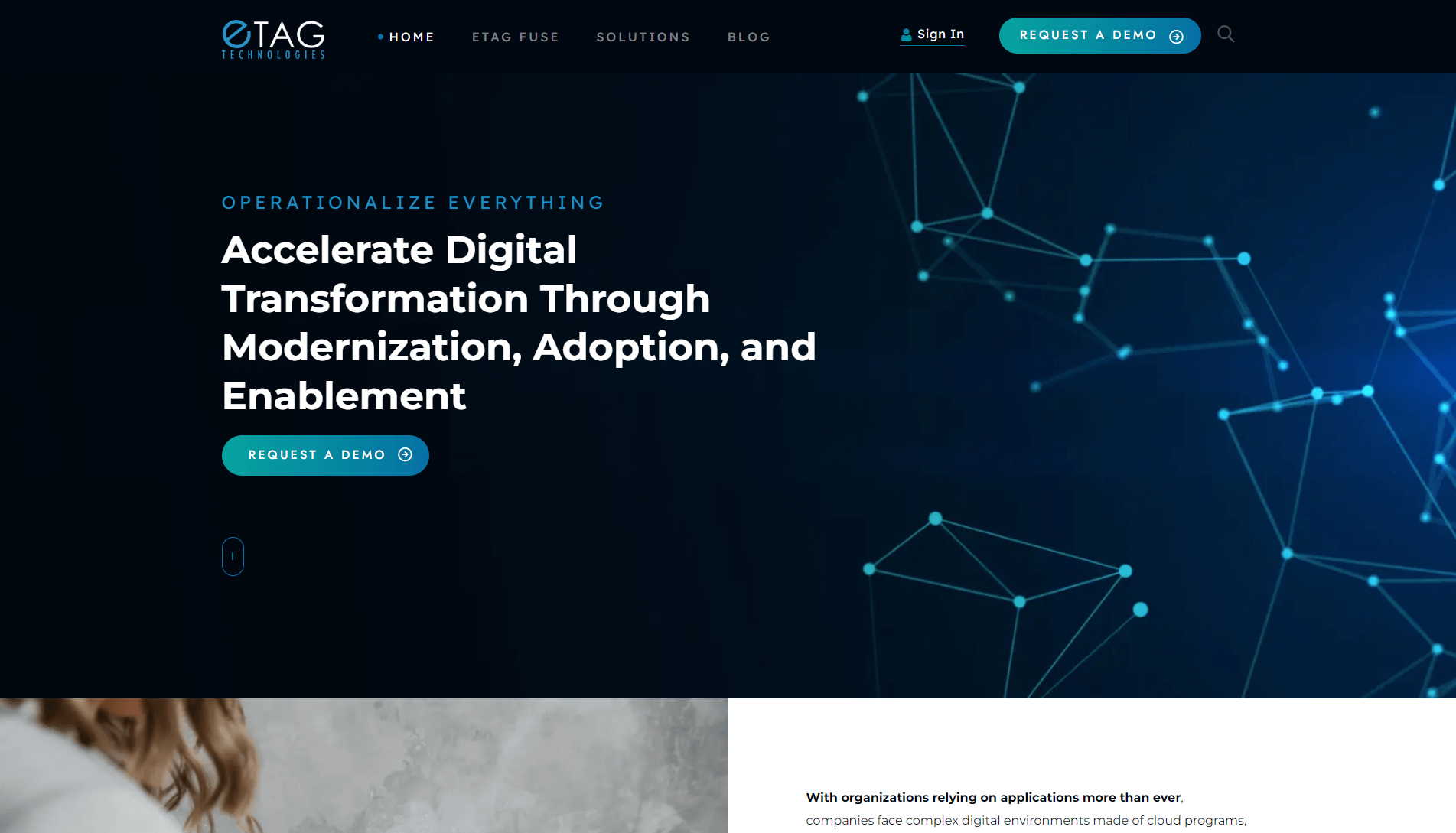 Screenshot of ETAG Technologies website with a message about accelerating digital transformation, a 'Request a Demo' button, and a digital network-themed background.