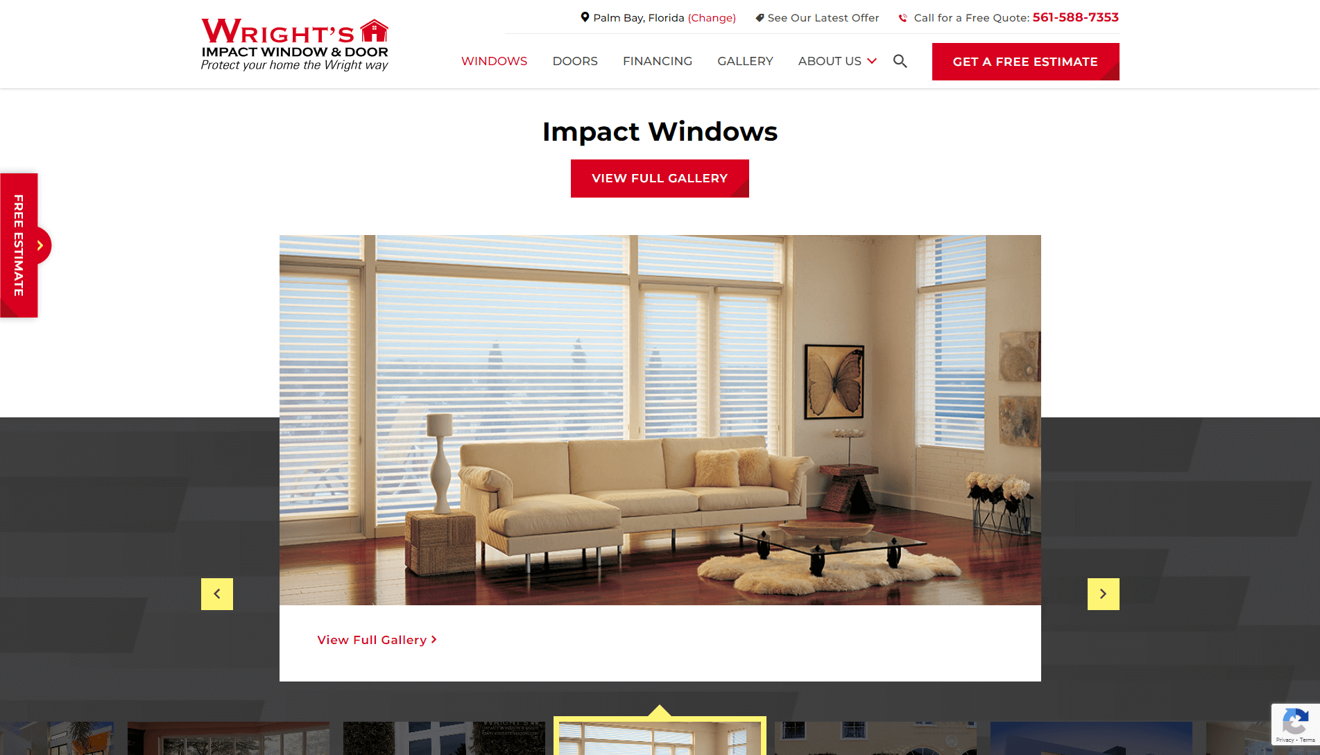 Interior of a living room with a large cream sectional sofa, hardwood floors, and a big window with horizontal blinds, advertised as 'Impact Windows' by Wright's Impact Window & Door.