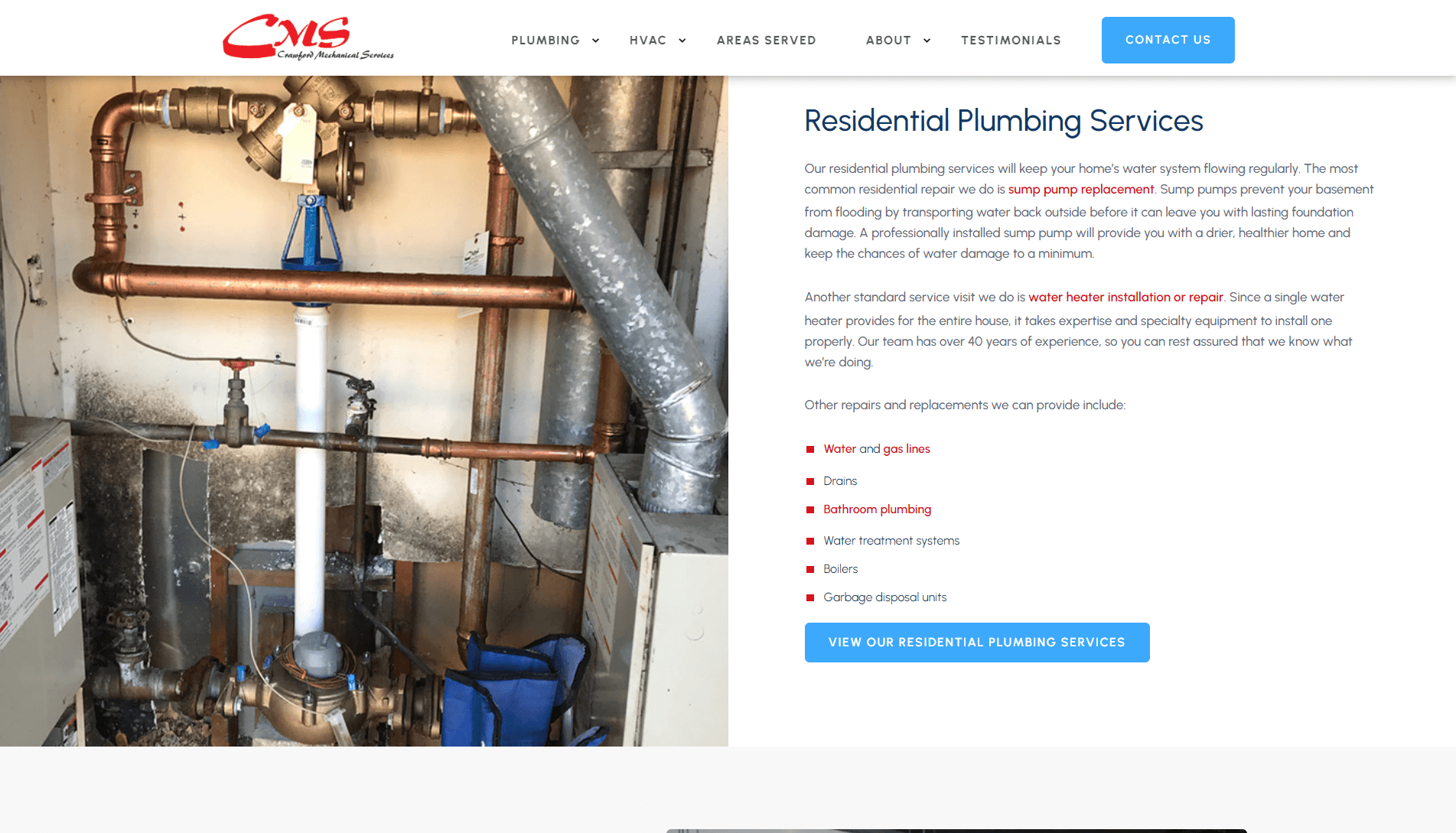 Plumbing infrastructure with copper pipes, valves, and a water heater in a utility area, representing residential plumbing services.