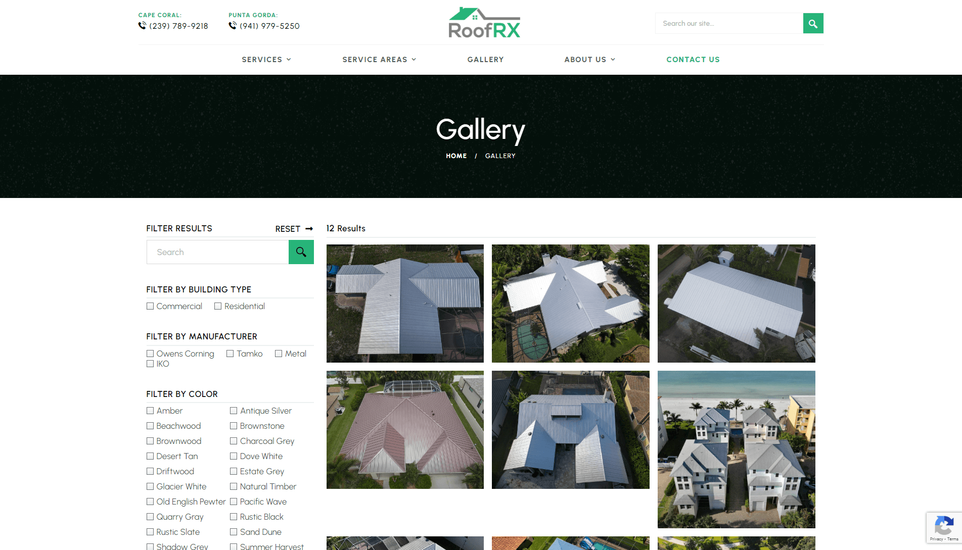 Screenshot of RoofRX company's gallery webpage displaying a navigation menu, contact information, and a grid of 12 aerial images of houses with different roofing styles, along with filter options for building type, manufacturer, and color.