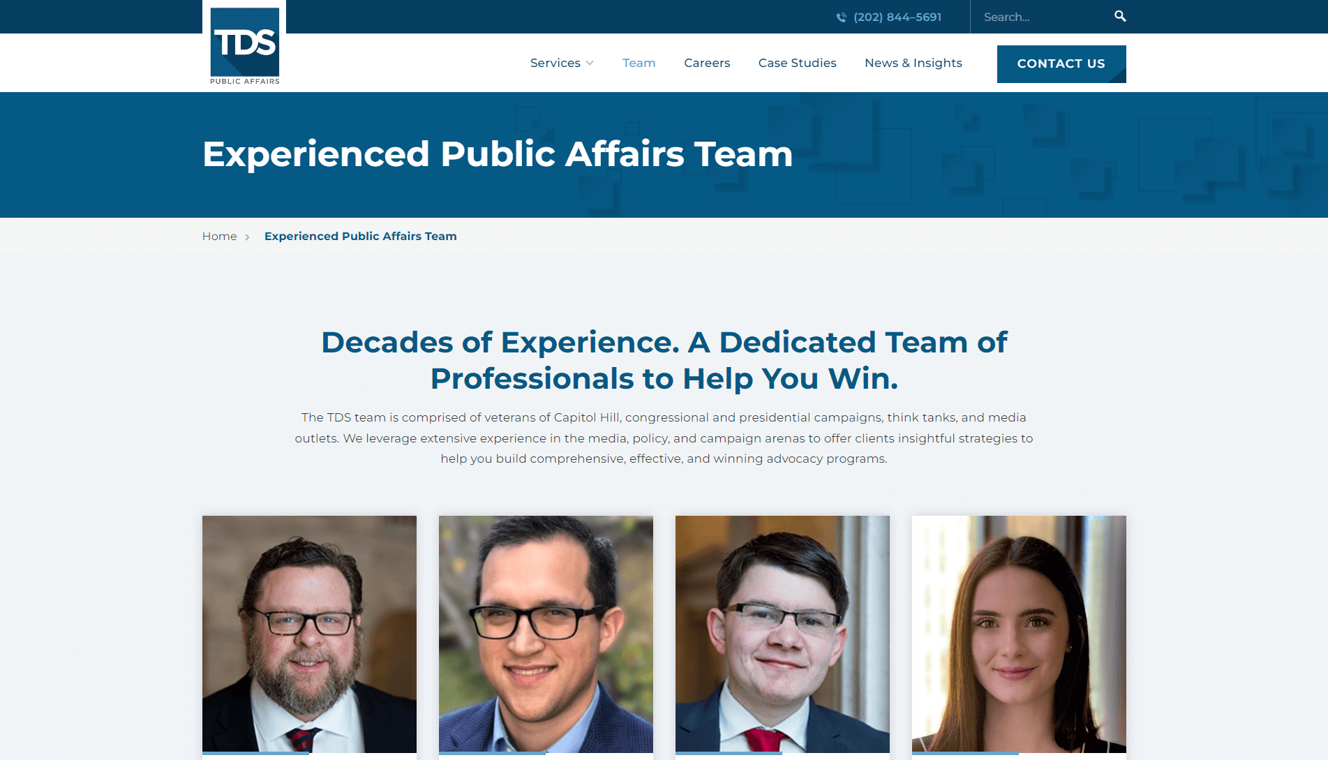 Webpage header of TDS Public Affairs featuring the company logo, navigation menu, and a section titled 'Experienced Public Affairs Team' with a subtitle and description. Below are four professional headshots of team members.