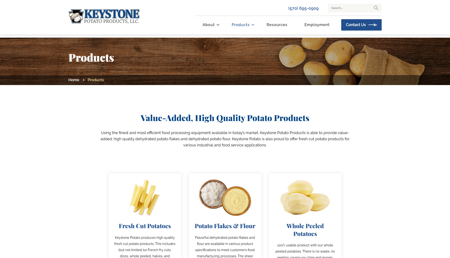 Screenshot of Keystone Potato Products website showcasing their product range, including fresh cut potatoes, potato flakes and flour, and whole peeled potatoes, with a description of their value-added, high-quality offerings.