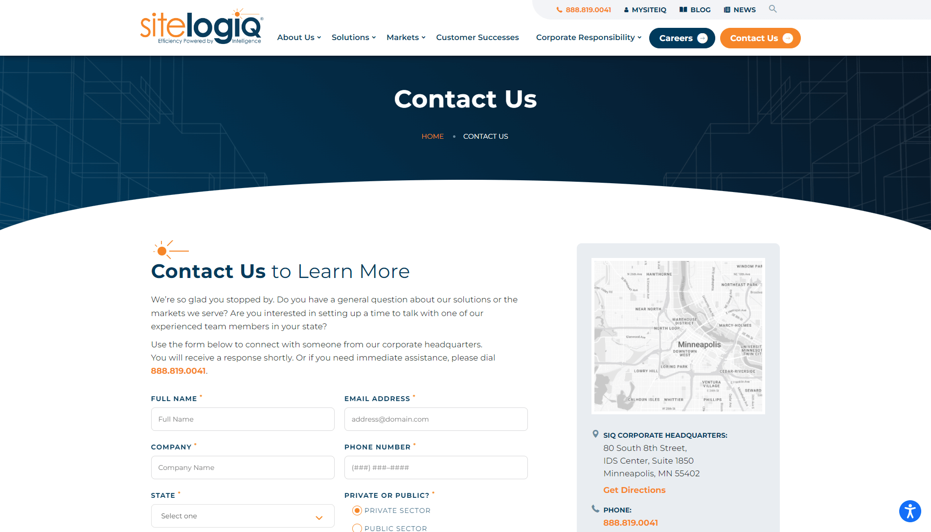 Screenshot of SiteLogiq's 'Contact Us' webpage with a contact form, corporate headquarters information, and a map of Minneapolis location.